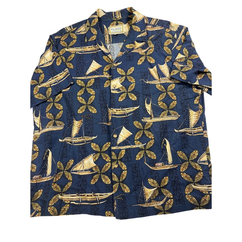 Kalaheo Hawaii Aloha Shirt Mens XL Blue Canoe Outrigger Hawaiian Camp Made USA - Picture 1 of 9